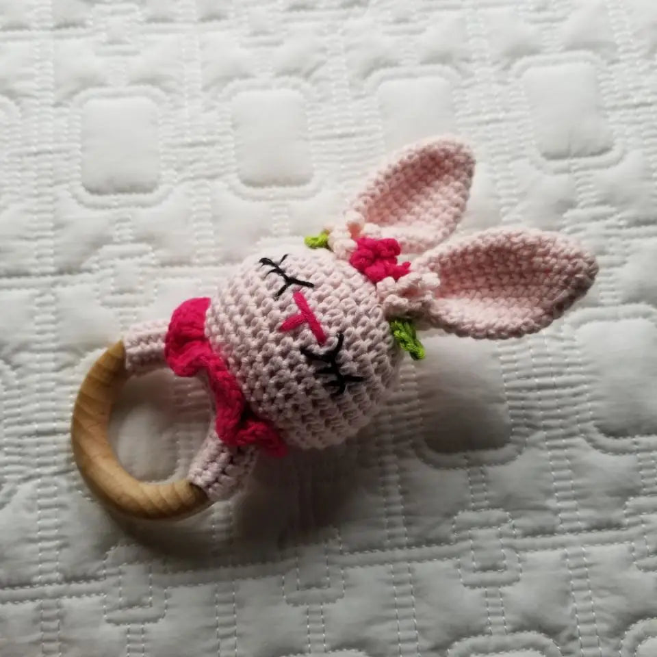 Pink Floral Bunny Crochet Rattle