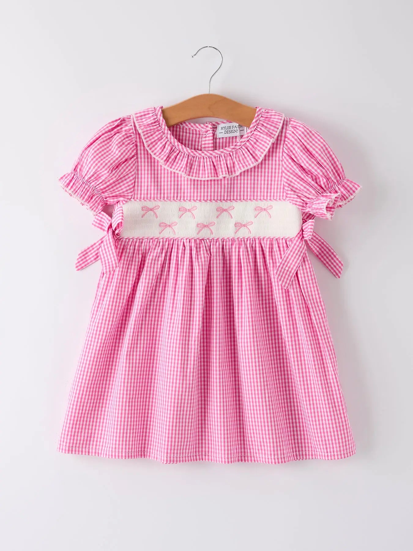 Pink Bow Smock Check Dress