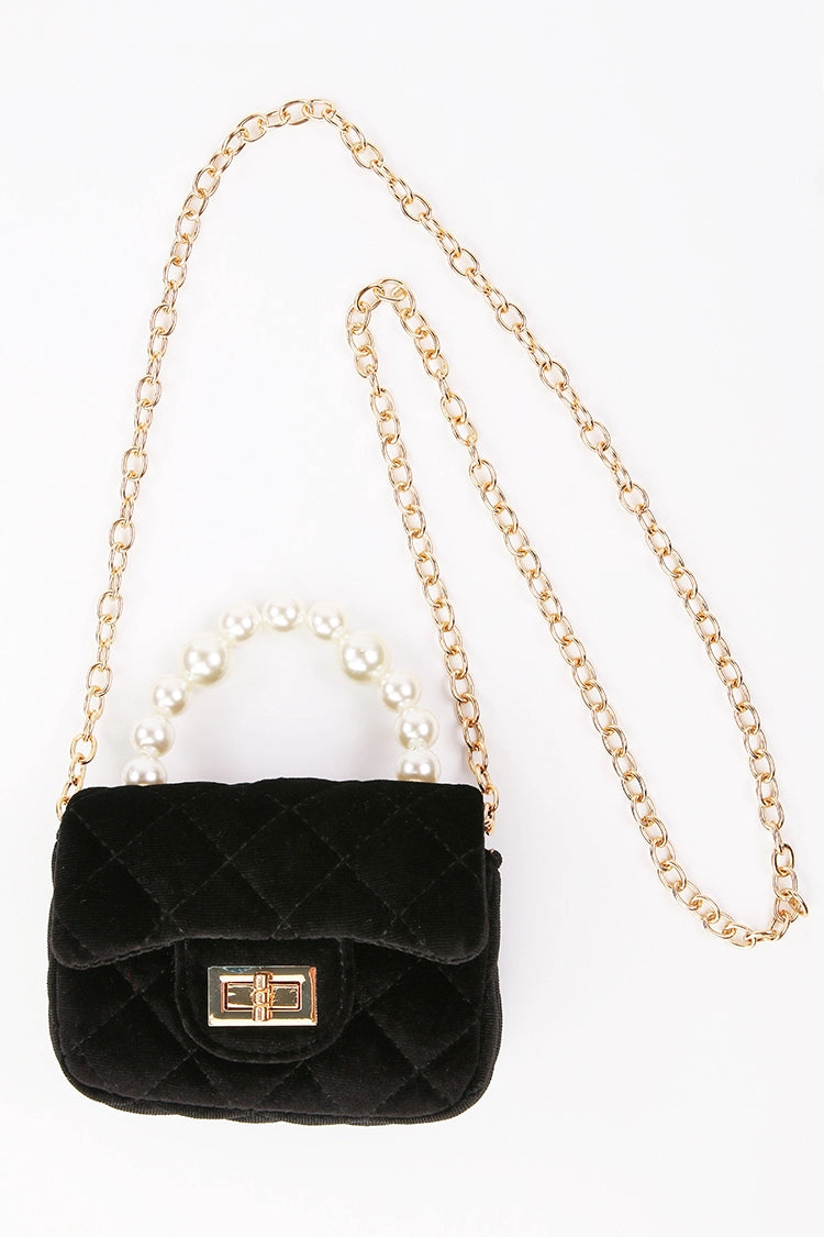 Velvet Purse with Pearl Handle - Black