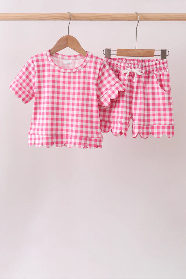 Hot Pink Gingham Scallop Shorts Set