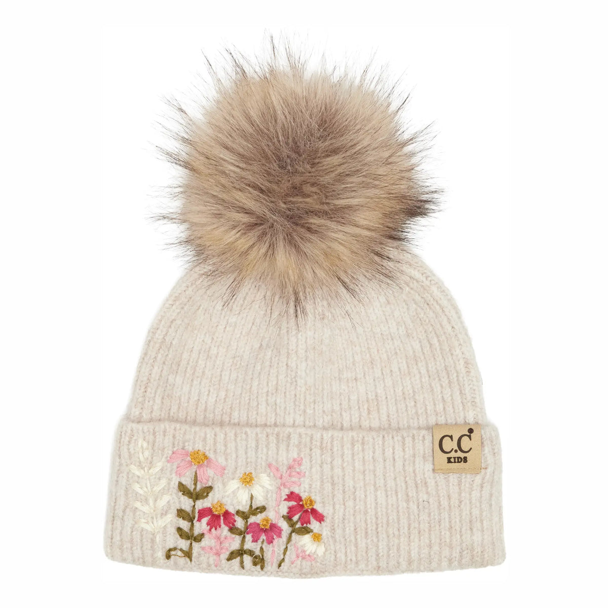 Kids Embroidered Flowers Pom Beanie