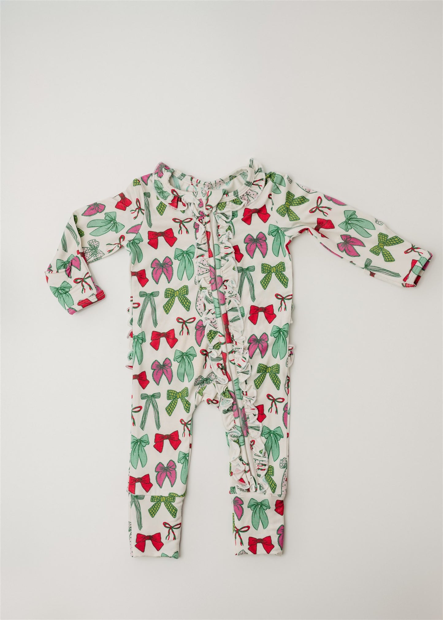 Holly Jolly Bows Ruffle Footie Romper