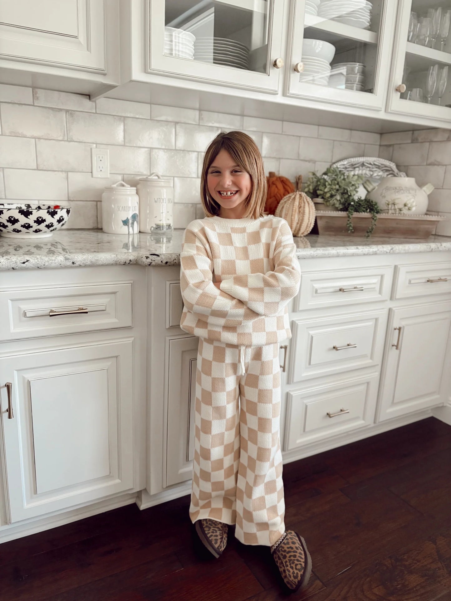 Beige Checkered Knit Set