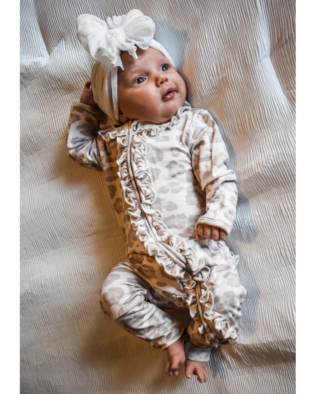 Natural Leopard Ruffle Footie Romper