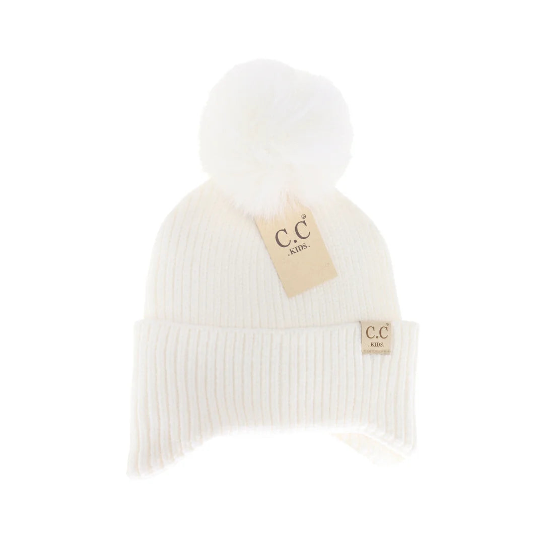 CC Beanie Kids Pom Ear Flap Beanie - Ivory