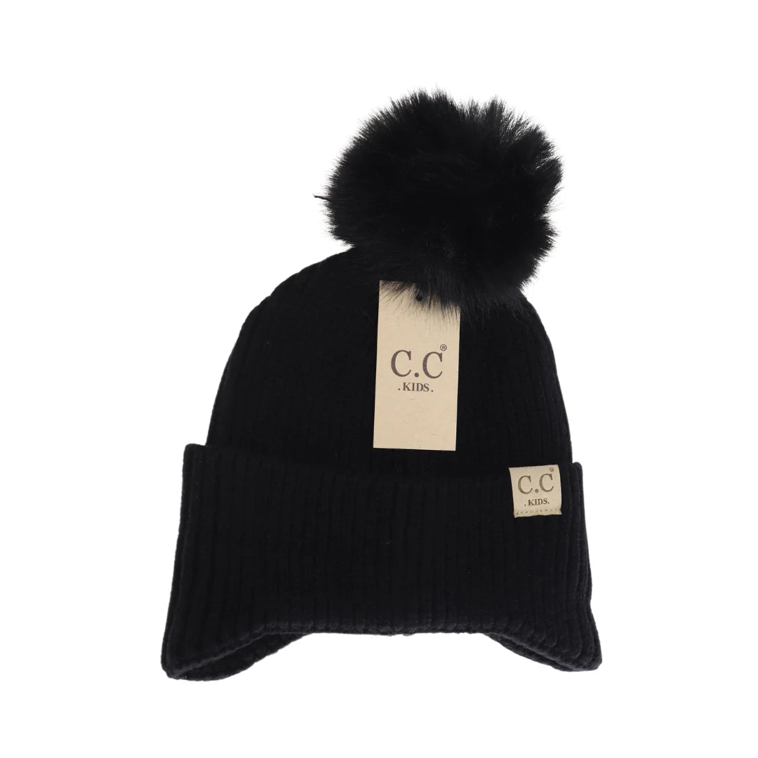 CC Beanie Kids Pom Ear Flap Beanie - Black