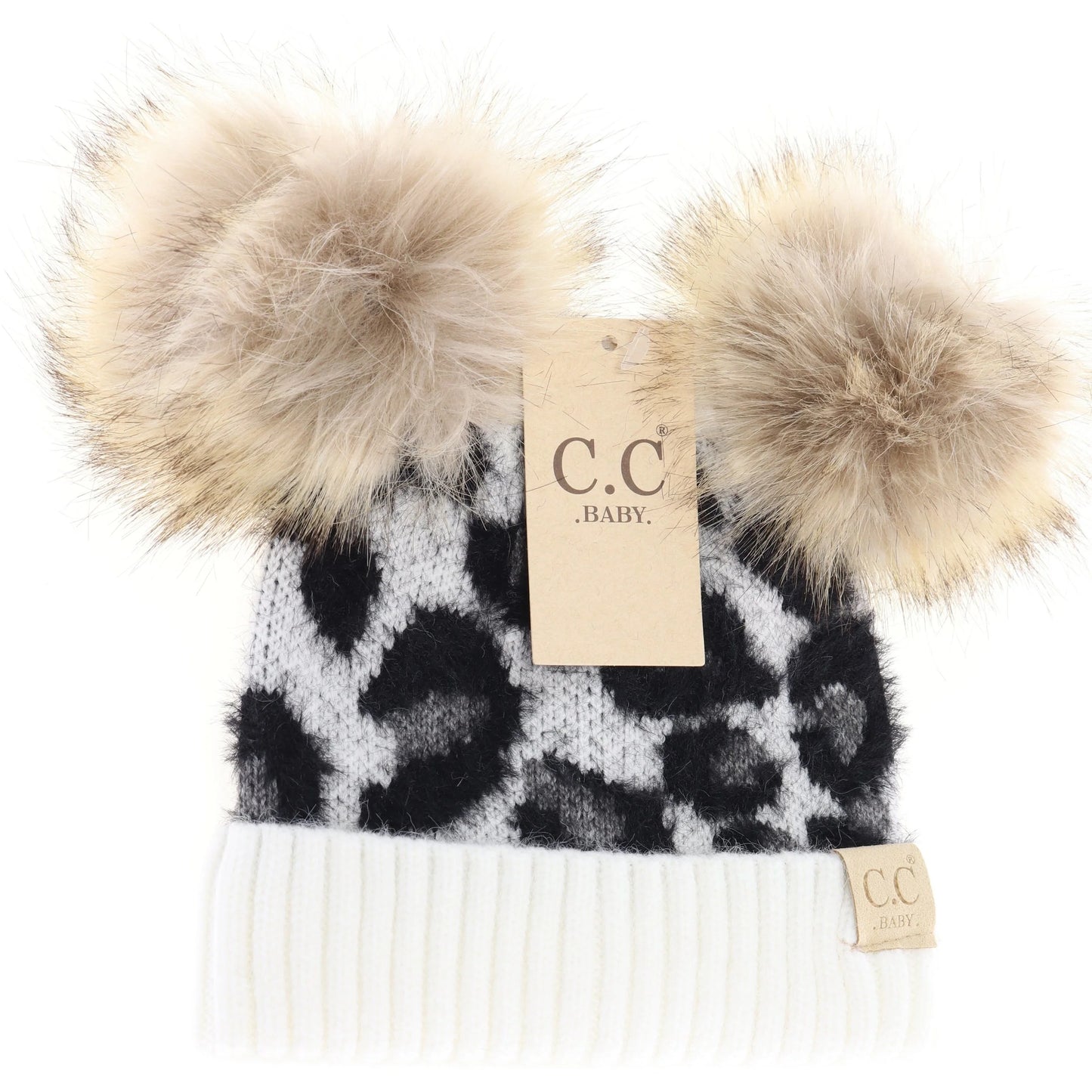 CC Leopard Double Pom Baby Beanie - Ivory