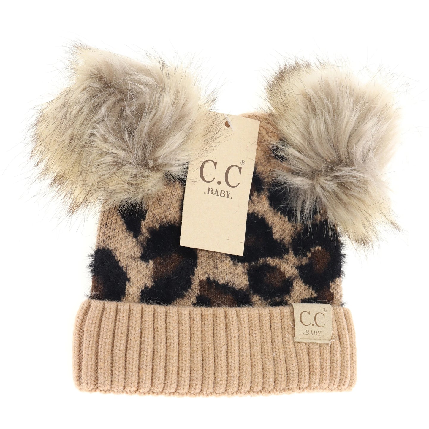 CC Leopard Double Pom Baby Beanie - Latte