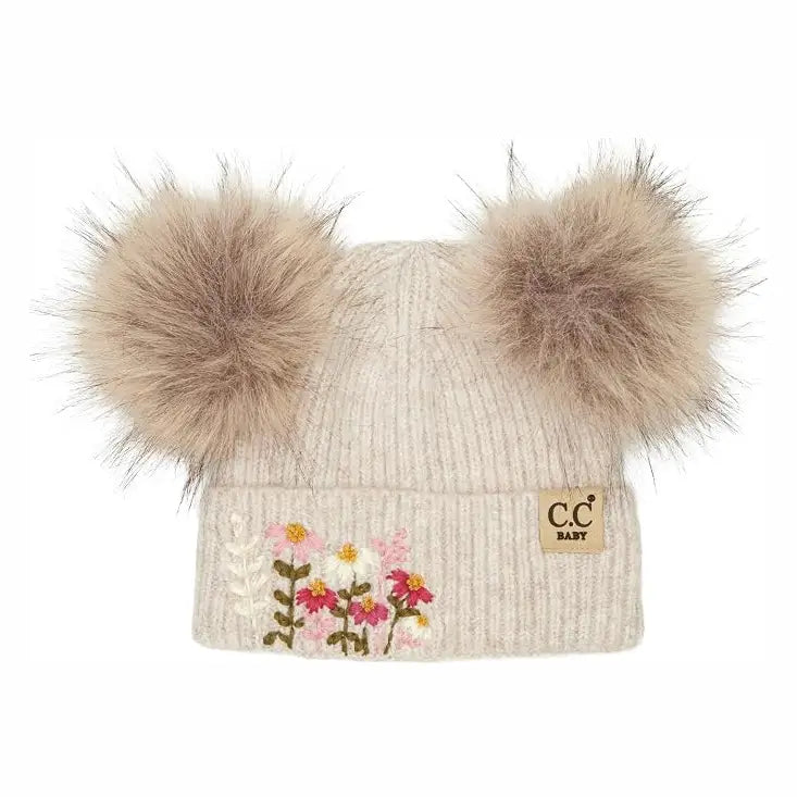 Baby Embroidered Flowers Double Pom Beanie