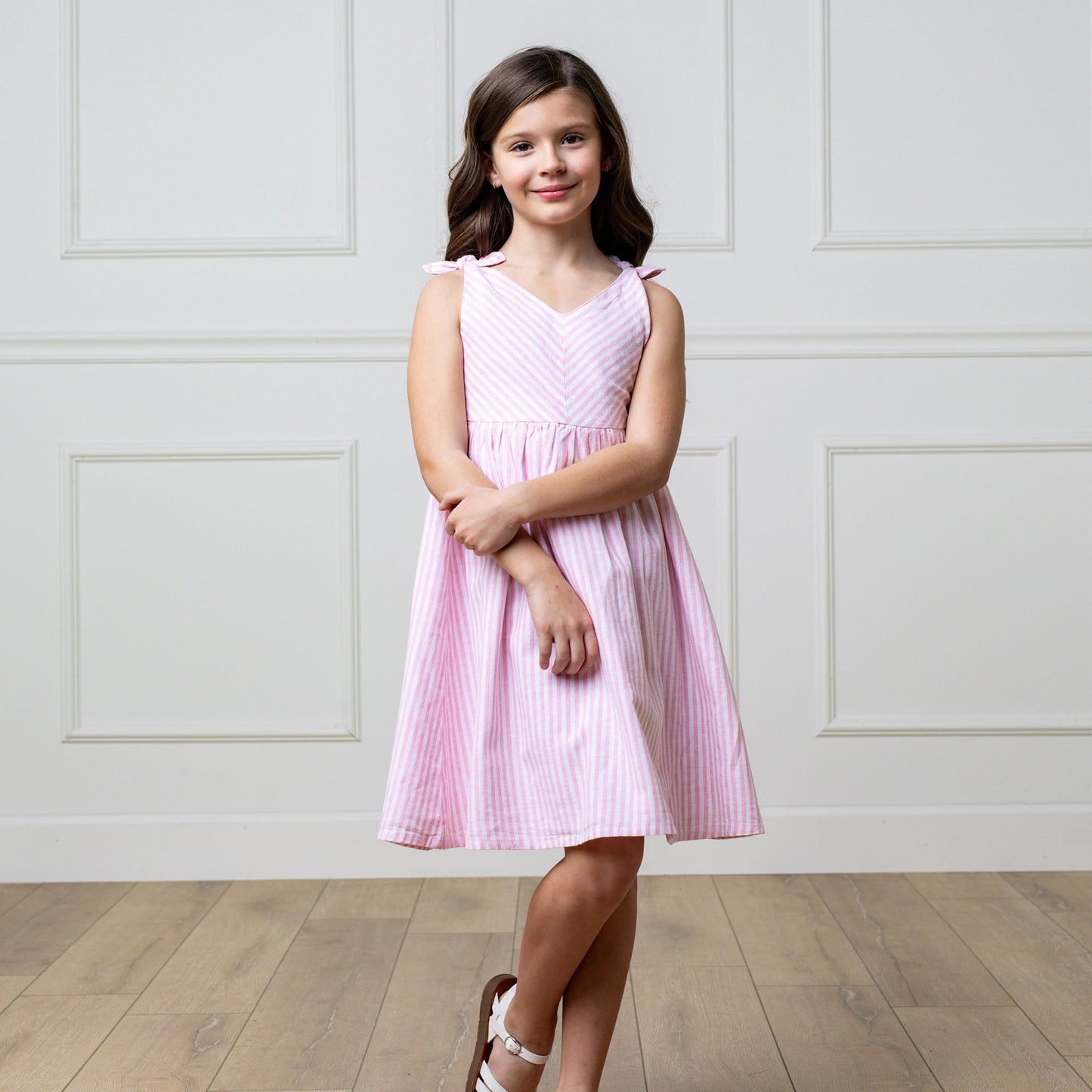 Bow Shoulder Swing Dress - Pink Stripe