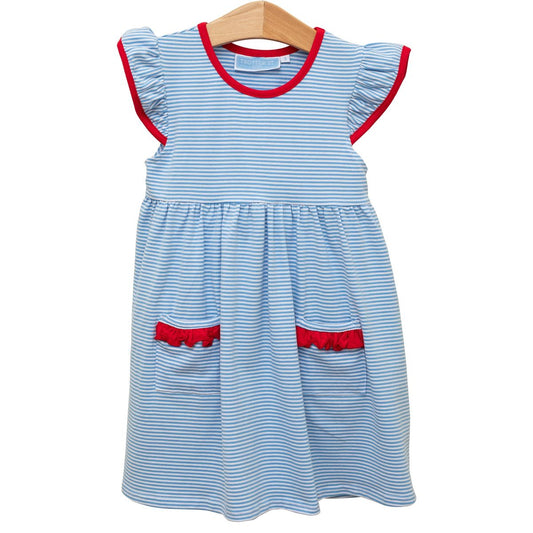 Lucy Dress - Blue Stripe/Red