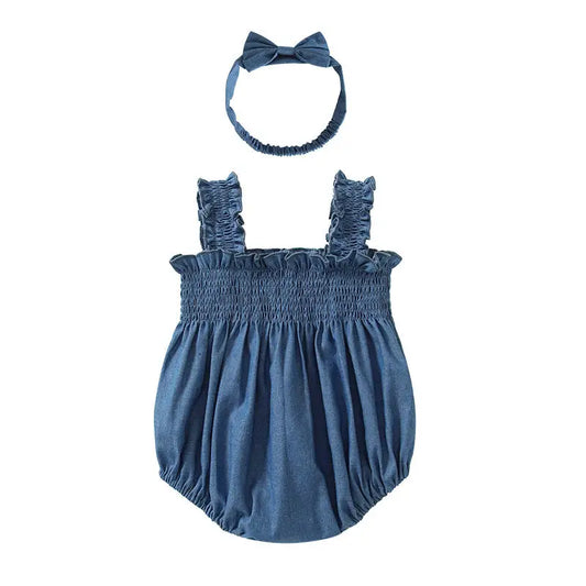 Denim Smocked Ruffle Romper with Bow