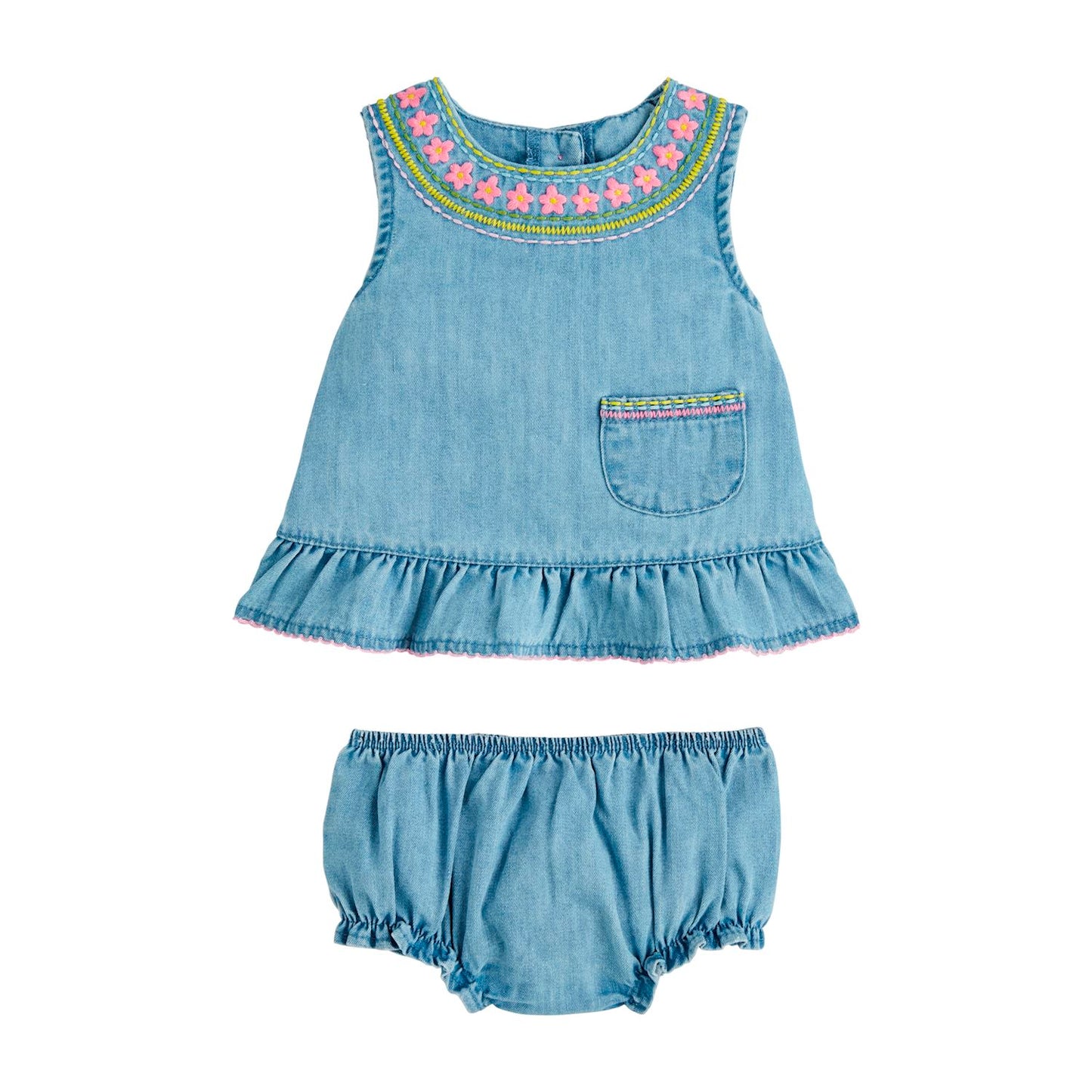 Embroidered Denim Pinafore Set