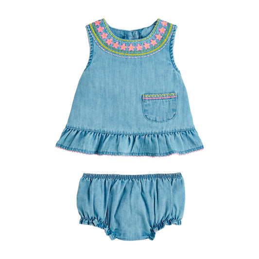Embroidered Denim Pinafore Set