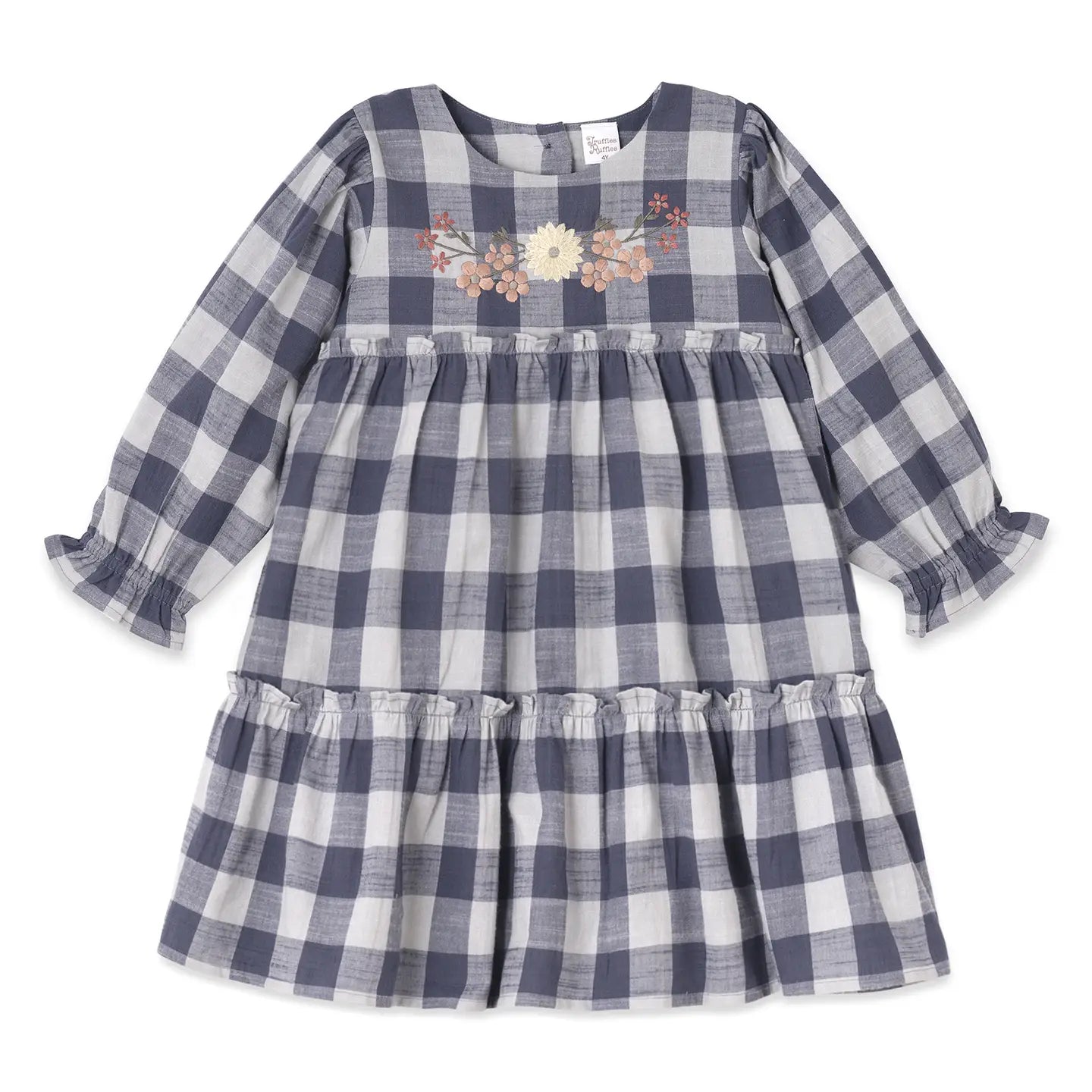 Navy Check Embroidery Dress
