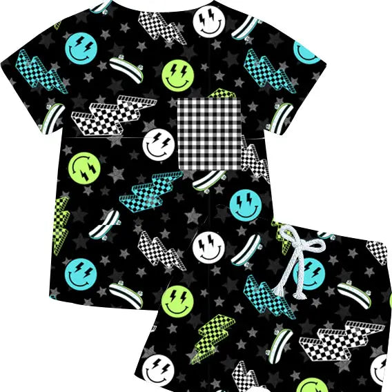 Black Neon Happy Faces Short Set