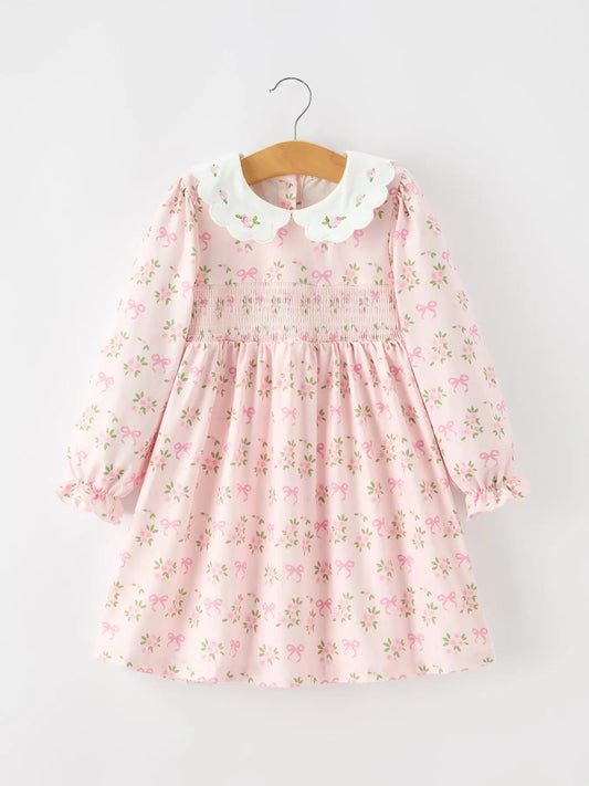 Pink Floral Smock Rose Collar Dress