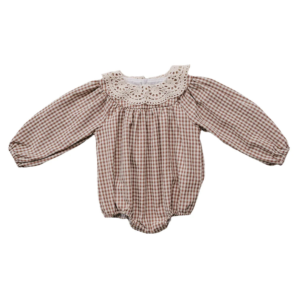 Camel Gingham Bubble Romper