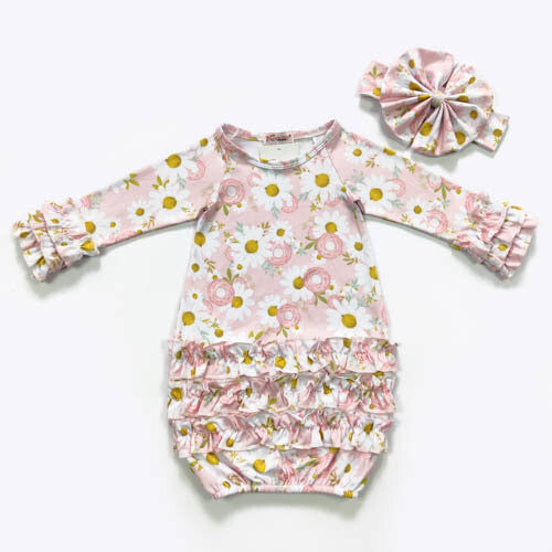 Pink Daisy Baby Gown and Matching Headband