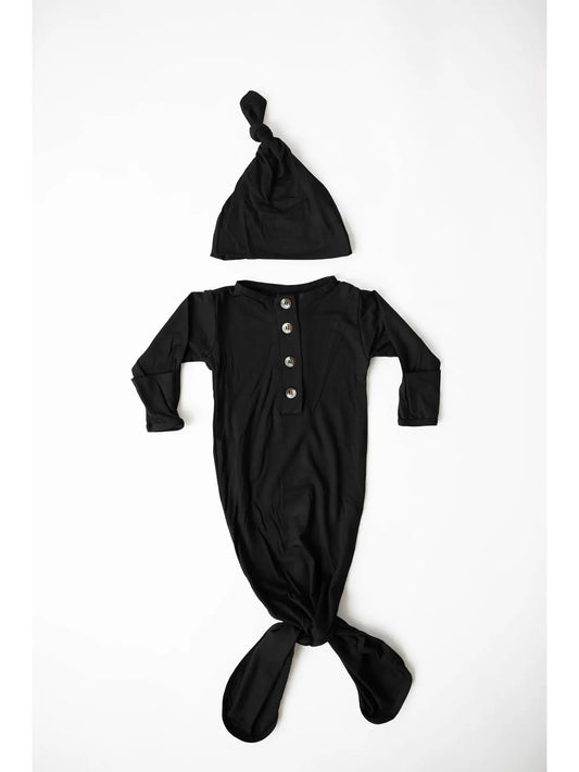 Knotted Baby Gown and Hat Set (Newborn - 3 mo) -  black