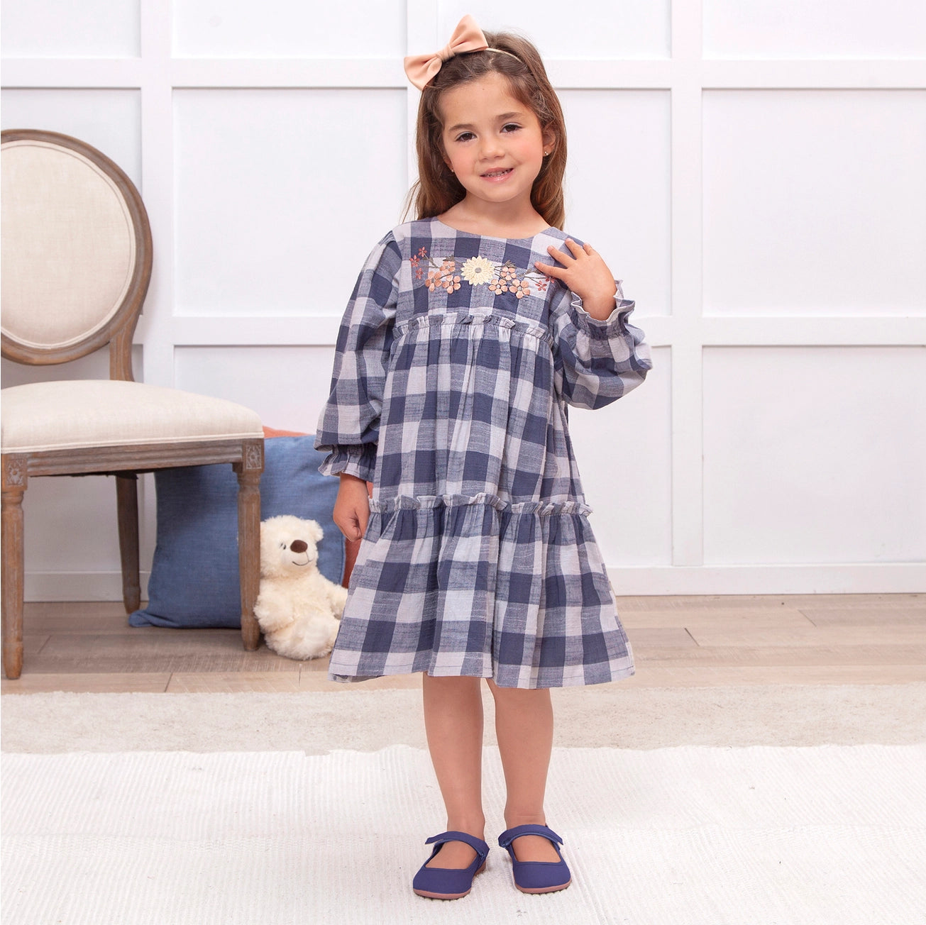 Navy Check Embroidery Dress