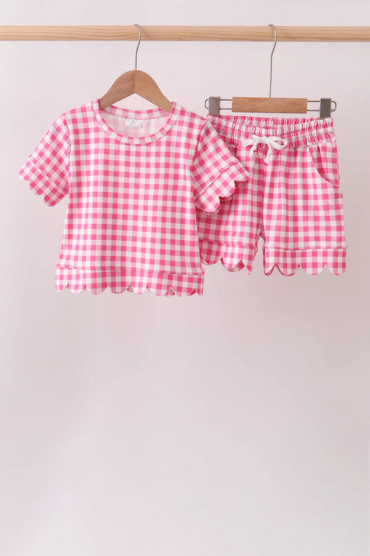 Hot Pink Gingham Scallop Shorts Set