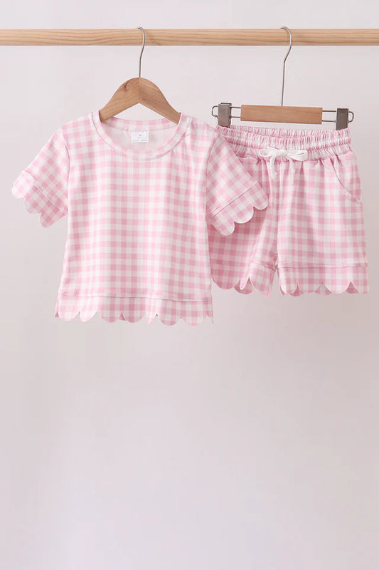 Pink Gingham Scallop Shorts Set