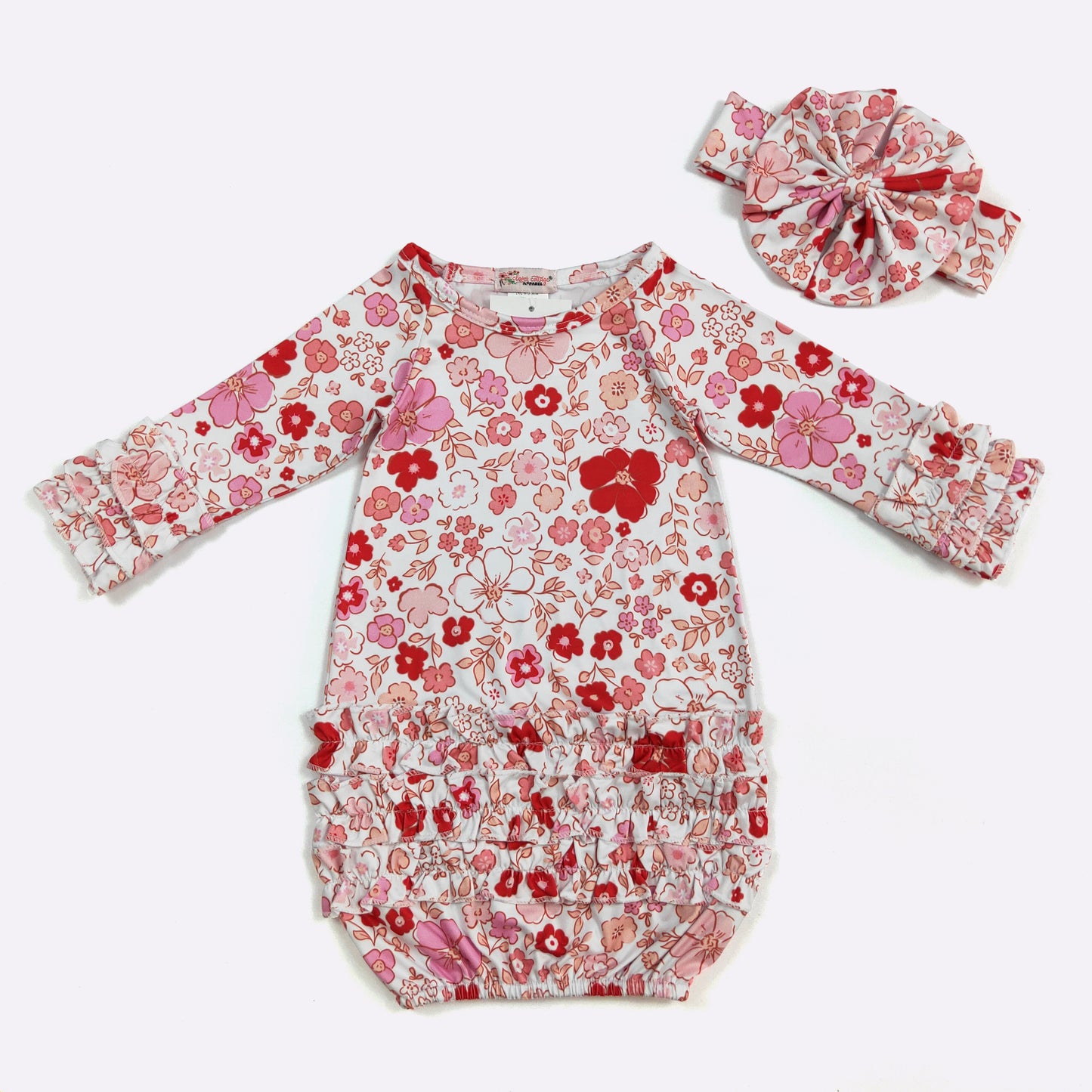 Cherry Floret Baby Gown and Matching Headband