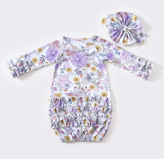 Lilac Floral Baby Gown and Matching Headband