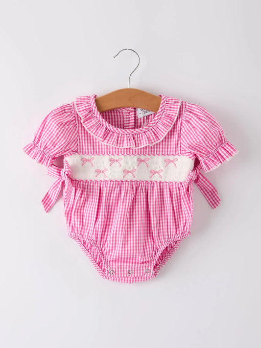 Pink Bow Smock Check Romper