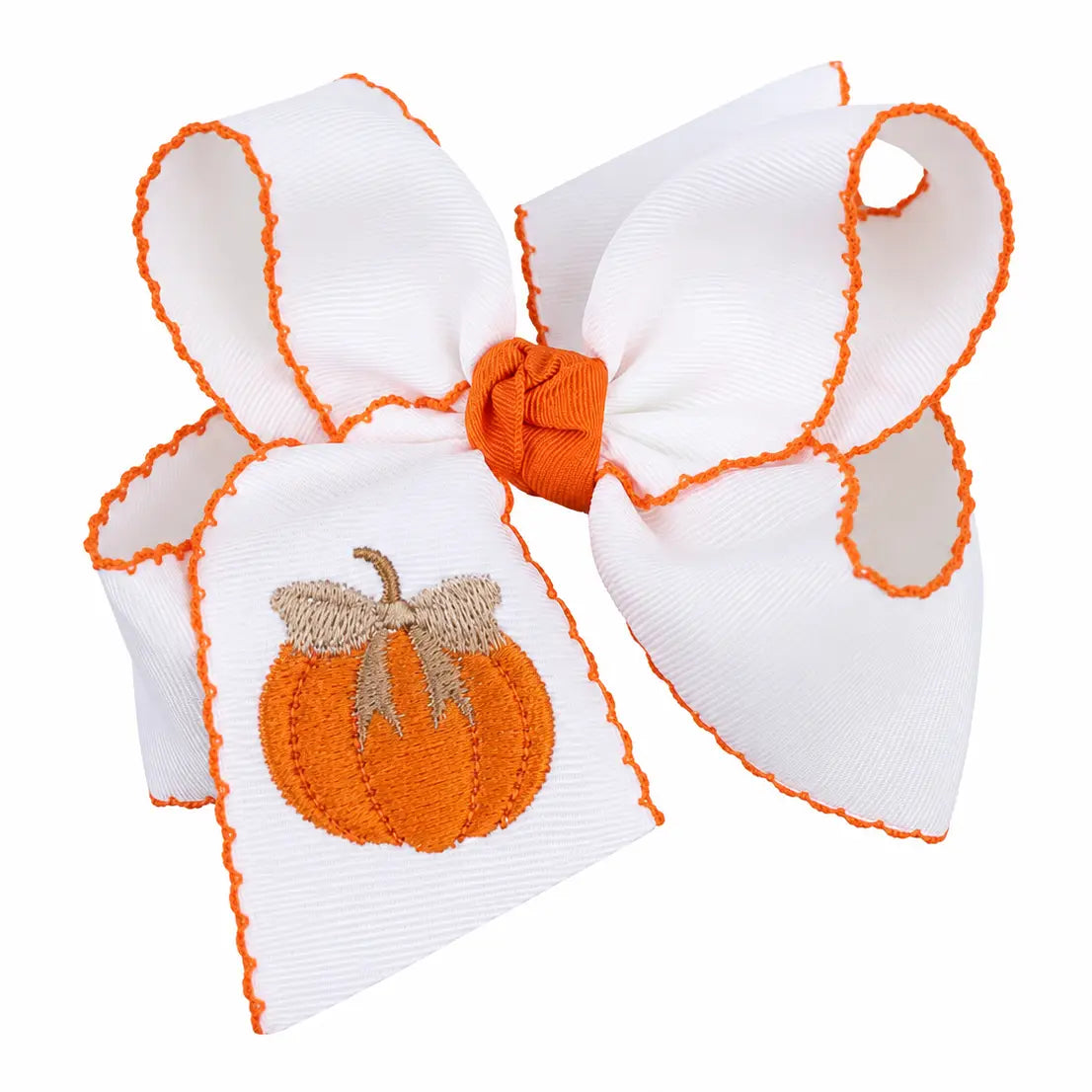 White w/orange Pumpkin Embroidery Hair Bow