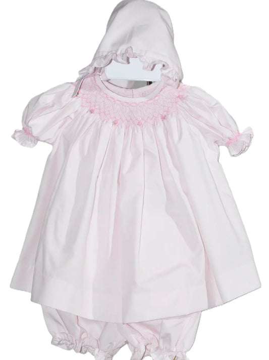 Pink Geometric Smock Dress and Bonnet
