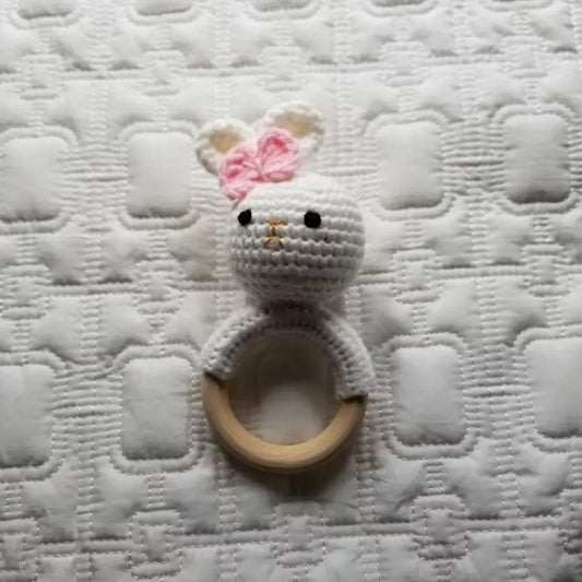 White Crochet Bunny Wood Rattle