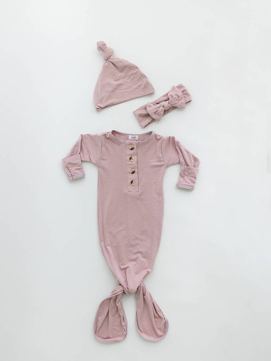Knotted Baby Gown and Hat Set (Newborn - 3 mo) -  dusty rose