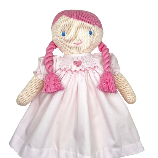 Knit Doll with Pink Heart Smocked Dress