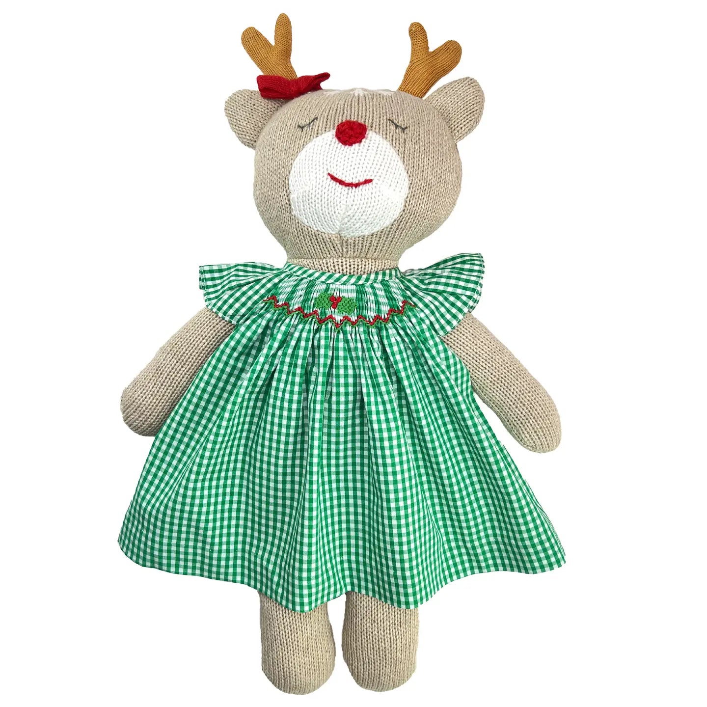 Knit Reindeer Doll - Green Check Dress