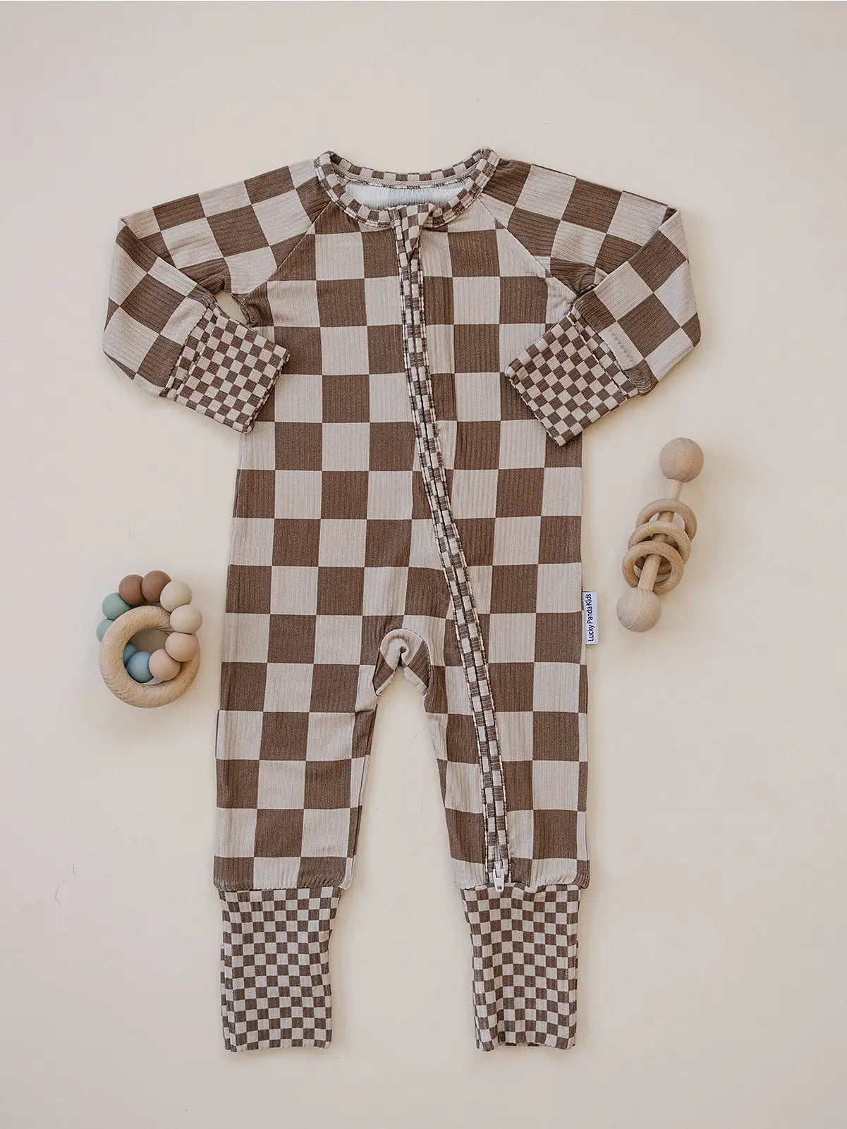 Latte Check Ribbed Zip Romper