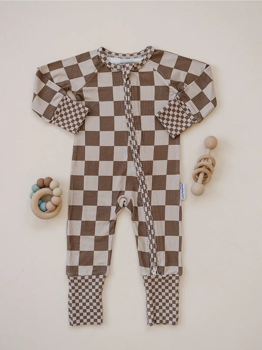 Latte Check Ribbed Zip Romper