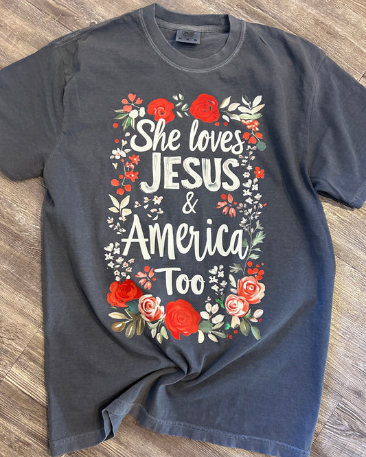 She Loves Jesus & America Too Tee