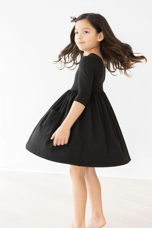 Black 3/4 Sleeve Pocket Twirl Dress