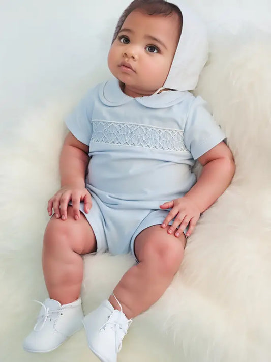 Light Blue Geo Smock Bubble with Bonnet