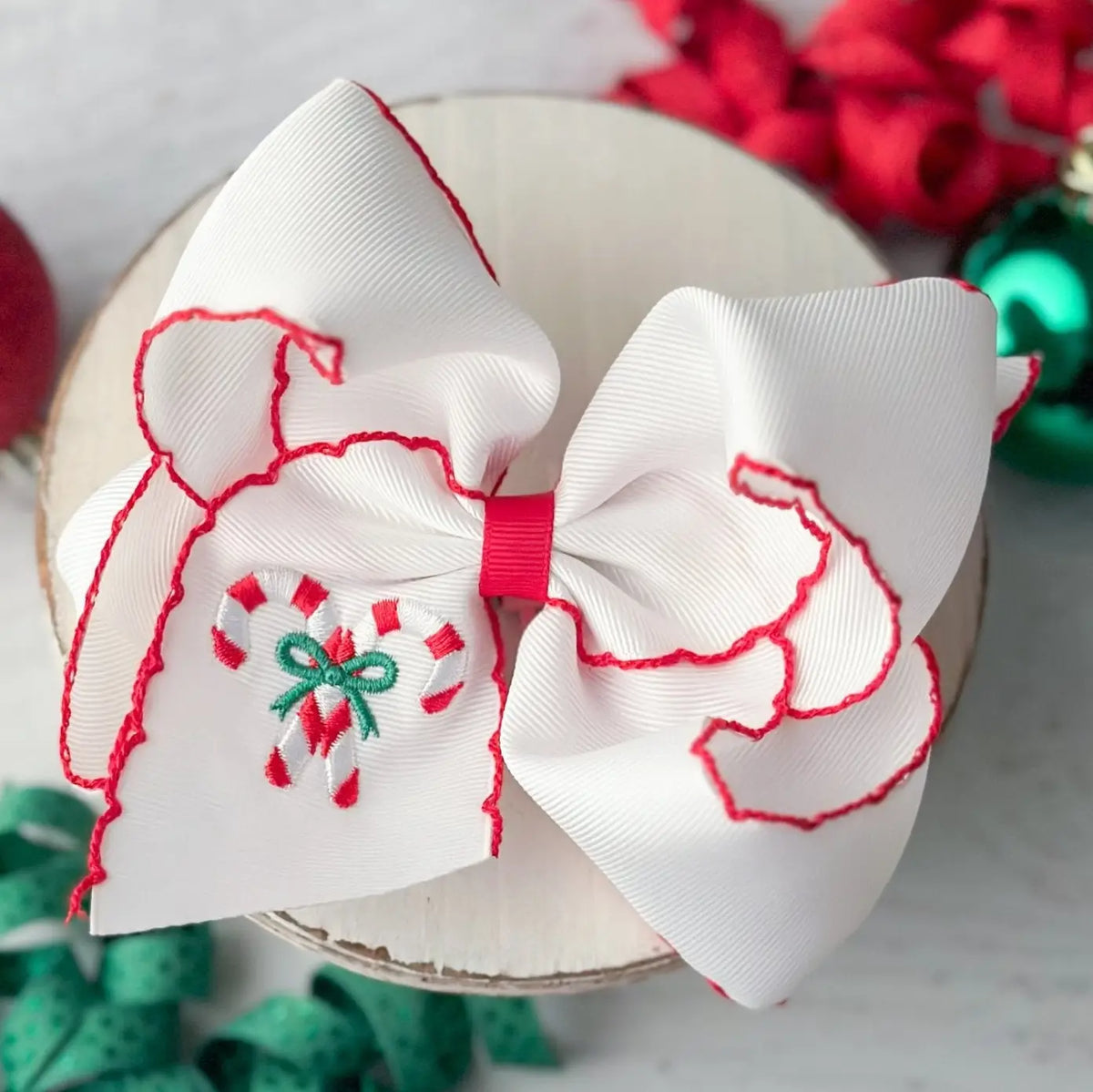 Candy Cane Embroidered Hair Bow