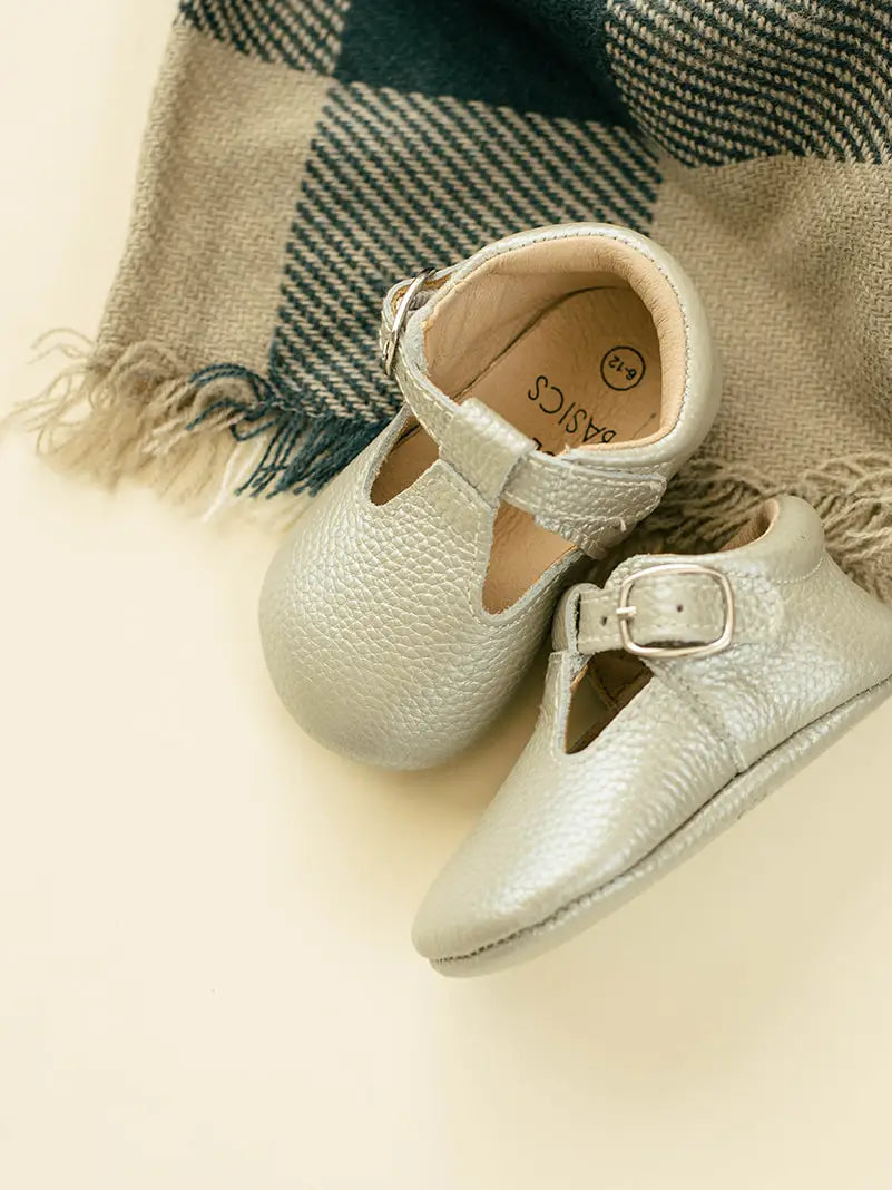 Silver Soft-Soled Leather Baby Mary Janes