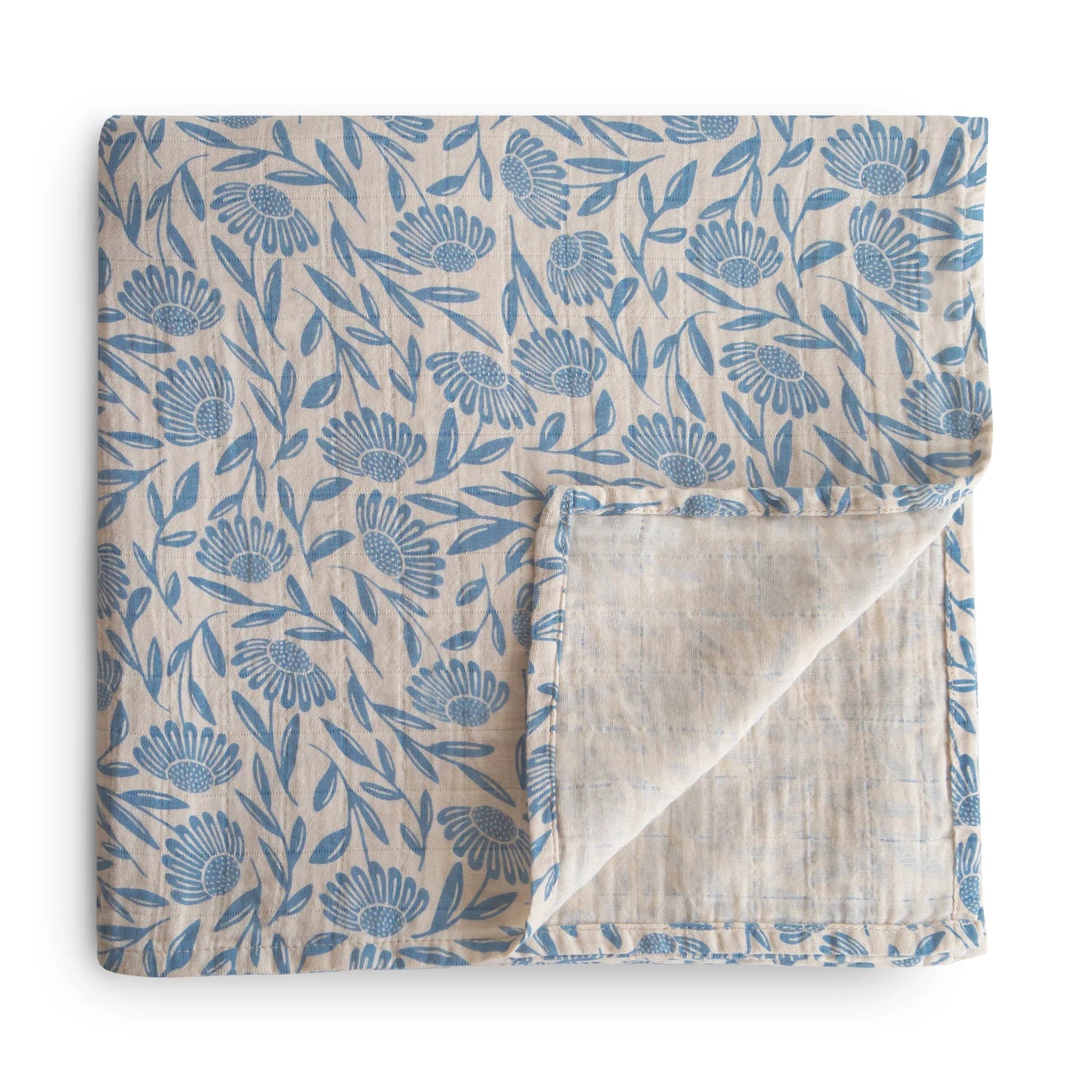 Muslin Swaddle Blanket Organic Cotton  - Blue Flowers