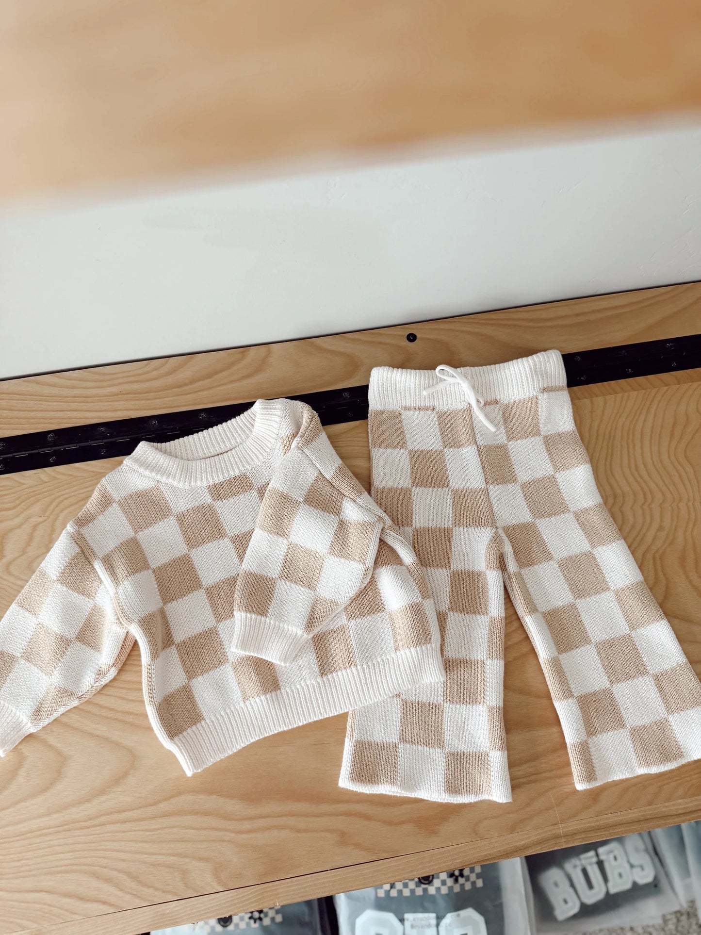Beige Checkered Knit Set