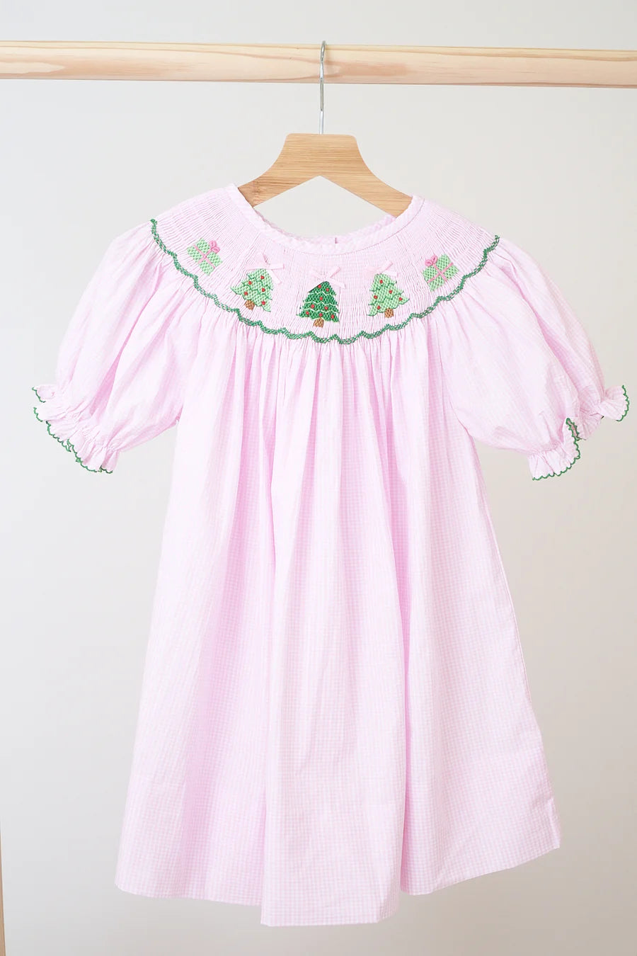 Pink Christmas Tree Smocked Gingham Dress