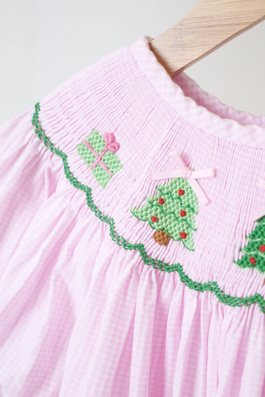 Pink Christmas Tree Smocked Gingham Dress