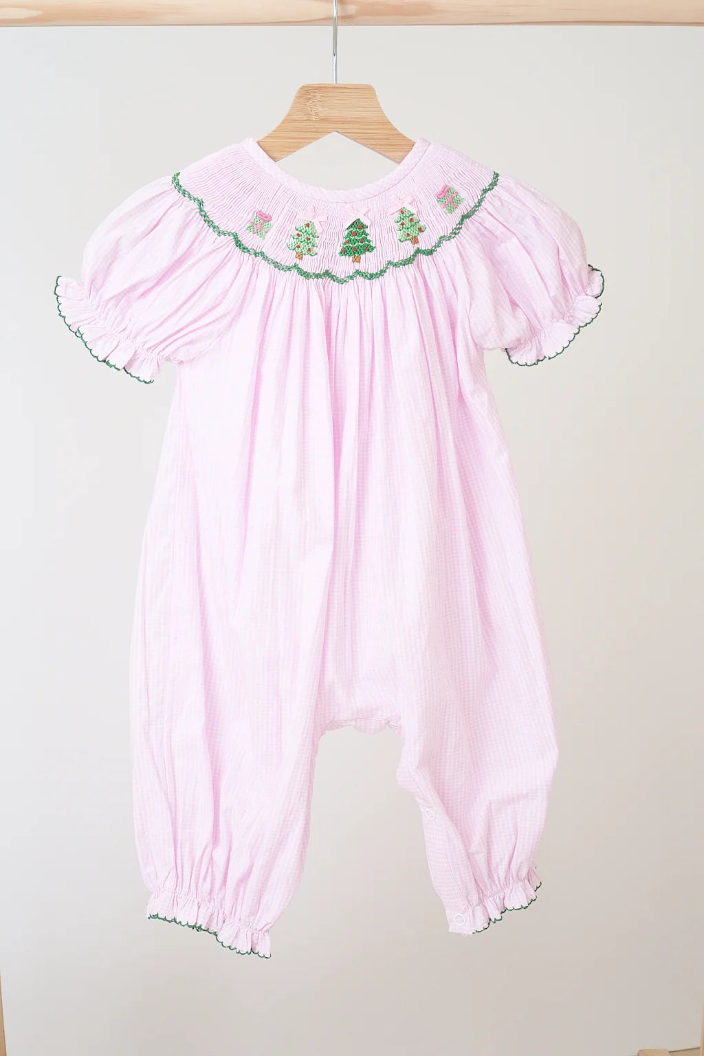 Pink Christmas Tree Smocked Romper