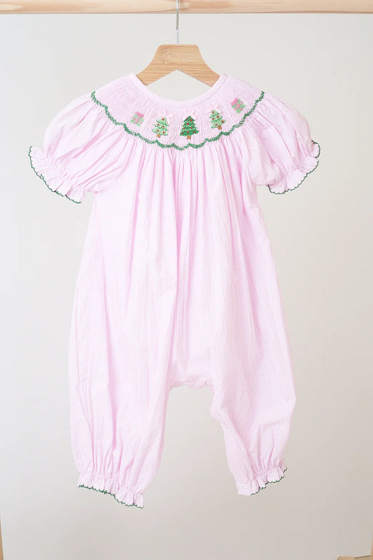 Pink Christmas Tree Smocked Romper