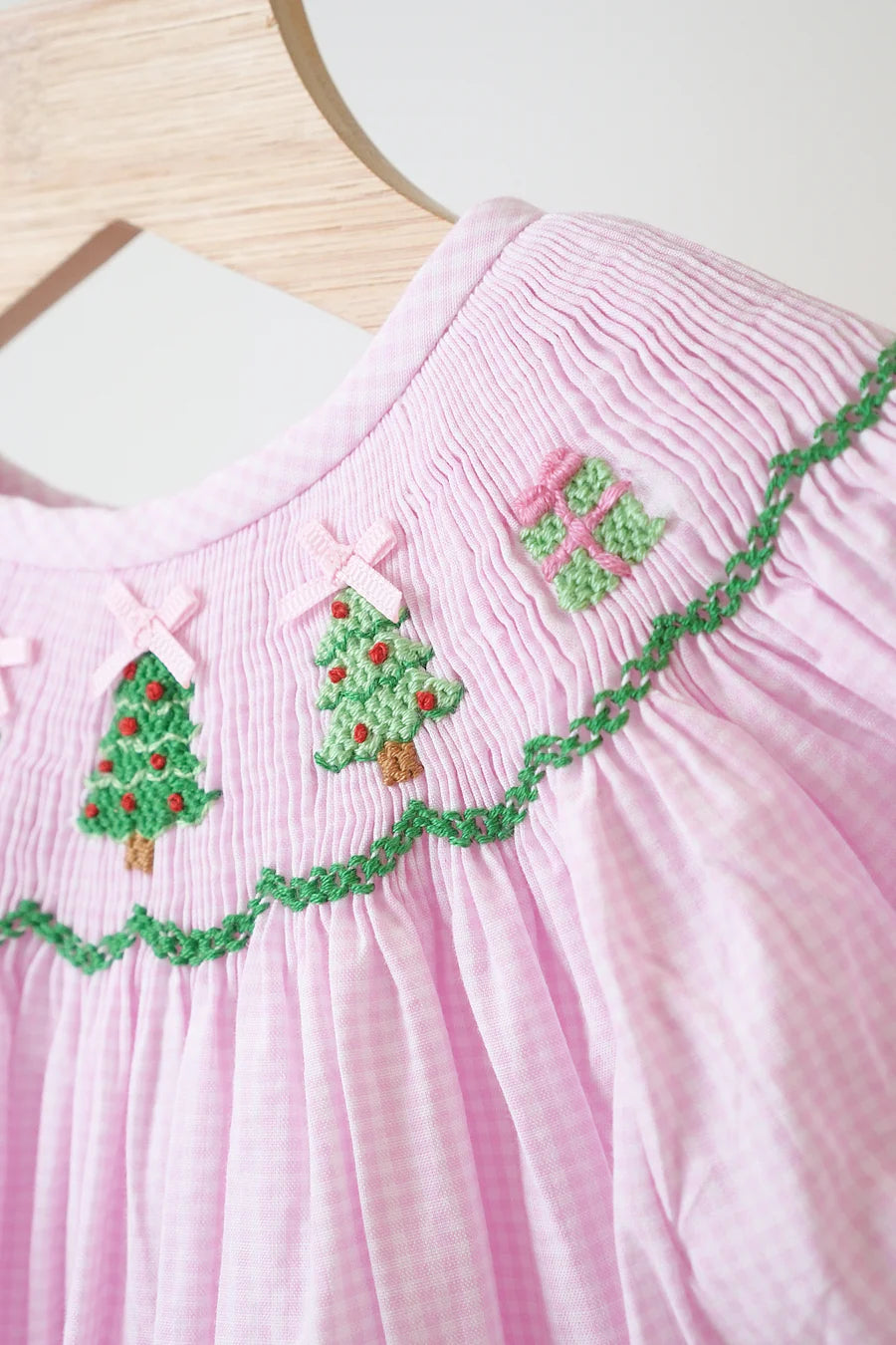 Pink Christmas Tree Smocked Romper